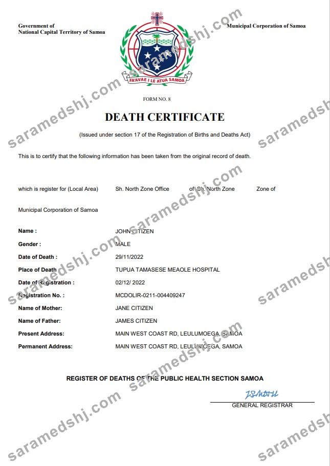 Samoa death certificate Word and PDF template